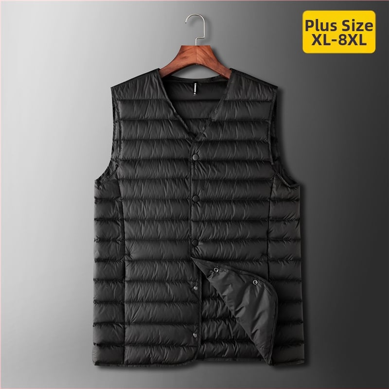 Muška lagana puffer vesta, V-izrez, bez kapulje, punjenje: bijeli patka down, 550 punjenja, kapacitet punjenja 100, vanjski materijal: najlon, glavni materijal: poliester