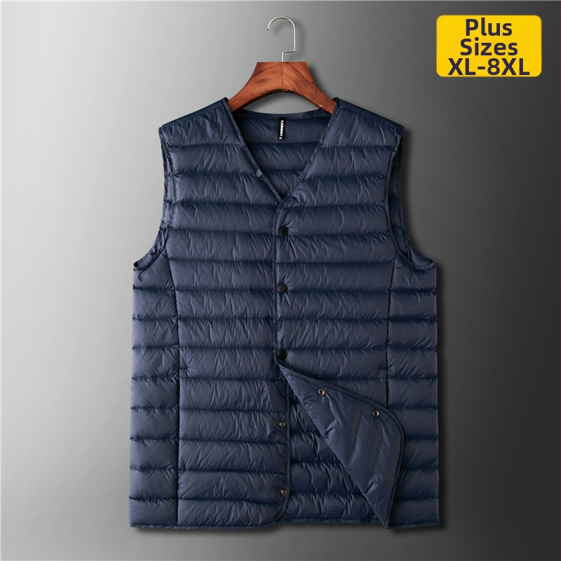 Muška lagana puffer vesta, V-izrez, bez kapulje, punjenje: bijeli patka down, 550 punjenja, kapacitet punjenja 100, vanjski materijal: najlon, glavni materijal: poliester