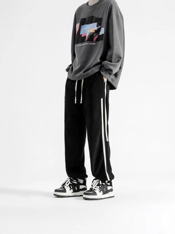 Muške dugačke sportske hlače, oprani poliester, blaga elastičnost, ravni kroj, srednji pojas, Hong Kong stil