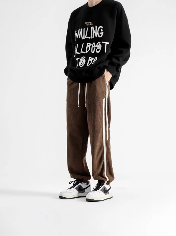 Muške dugačke sportske hlače, oprani poliester, blaga elastičnost, ravni kroj, srednji pojas, Hong Kong stil