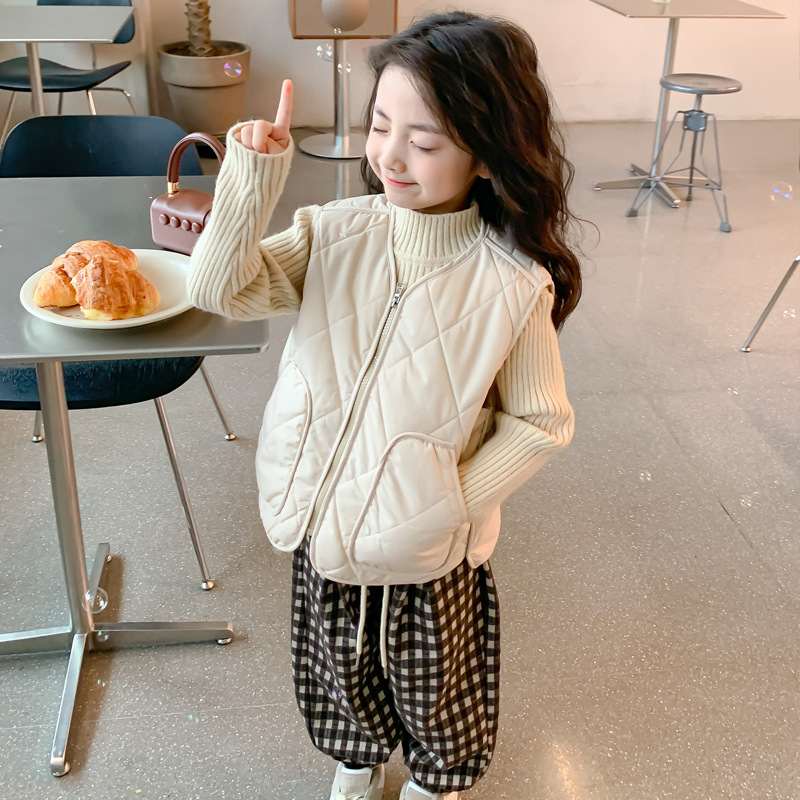 Uniszex gyerekeknek készült koreai stílusú mellény, vastag fleece bélés, levehető kapucni, töltet down cotton