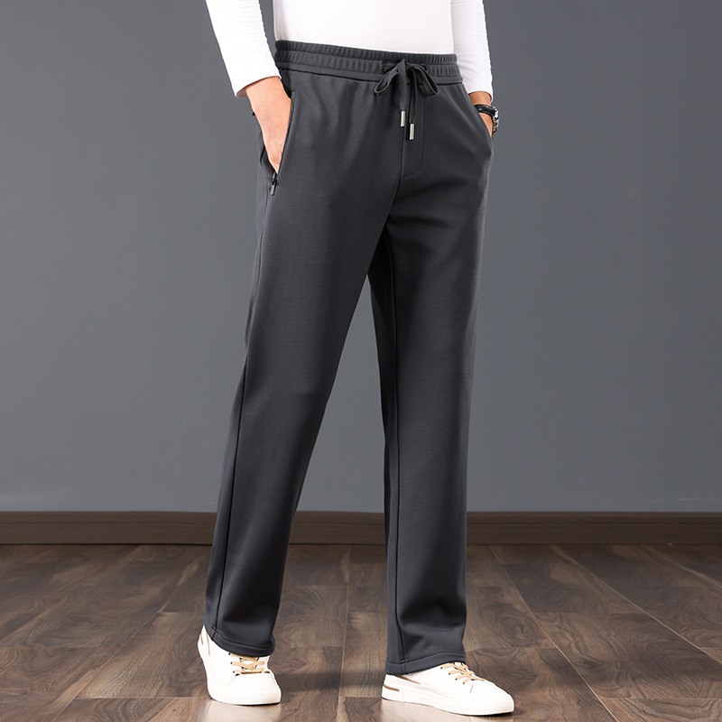 Fleece-borított férfi sportos-napi nadrágok, magas derék, egyenes szabás, több zseb, nylon keverék (52% nylon, 41% viszkóz, 7% spandex), téli meleg