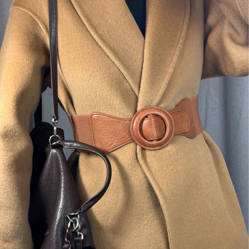 PU кожен колан за талия за рокли и палта, широк стил, distressed ефект, закопчаване с японски бутон, марка 001