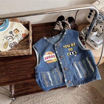Denim prsluk za dječake - Korejski stil, ležerni/kardigan stil, 100% poliester, uzrast 3–8 godina, jesen 2025