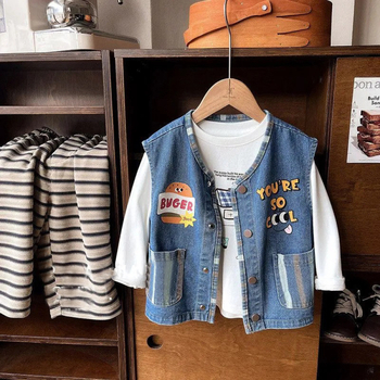 Denim prsluk za dječake - Korejski stil, ležerni/kardigan stil, 100% poliester, uzrast 3–8 godina, jesen 2025