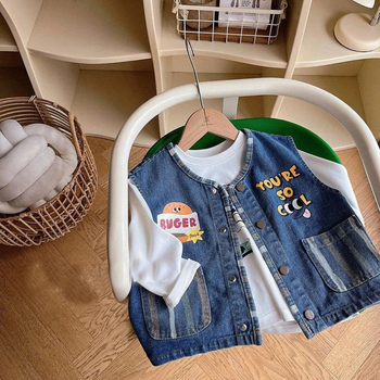 Denim prsluk za dječake - Korejski stil, ležerni/kardigan stil, 100% poliester, uzrast 3–8 godina, jesen 2025