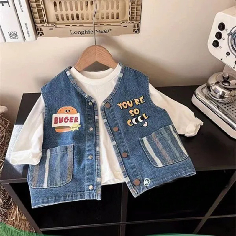 Denim prsluk za dječake - Korejski stil, ležerni/kardigan stil, 100% poliester, uzrast 3–8 godina, jesen 2025