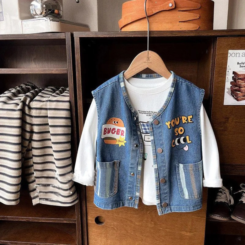 Denim prsluk za dječake - Korejski stil, ležerni/kardigan stil, 100% poliester, uzrast 3–8 godina, jesen 2025