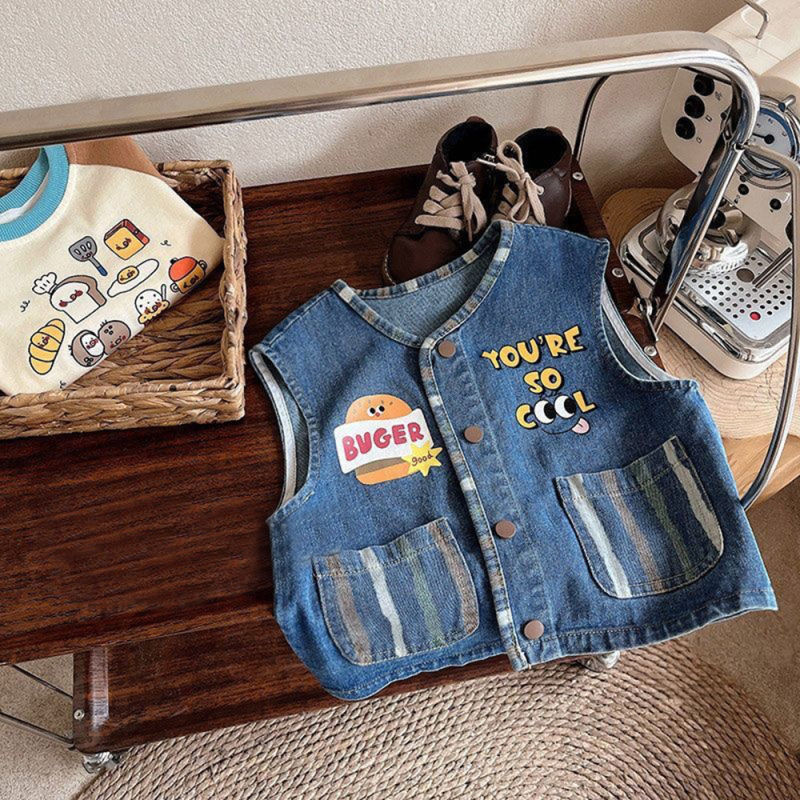 Denim prsluk za dječake - Korejski stil, ležerni/kardigan stil, 100% poliester, uzrast 3–8 godina, jesen 2025