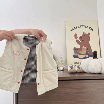 Dječja reverzibilna vesta, unisex, crtani stil, 1–3 godine, jesen 2025, pamuk 70–80%