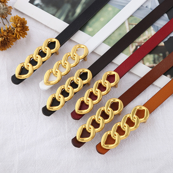 Ženski pojas s dugom zlatnom lančanom kopčom, dvostruka prirodna koža, zatvaranje na snap, univerzalni stil, radno okruženje