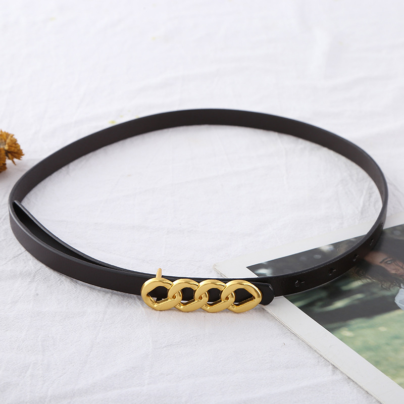 Ženski pojas s dugom zlatnom lančanom kopčom, dvostruka prirodna koža, zatvaranje na snap, univerzalni stil, radno okruženje