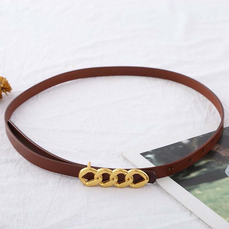 Ženski pojas s dugom zlatnom lančanom kopčom, dvostruka prirodna koža, zatvaranje na snap, univerzalni stil, radno okruženje