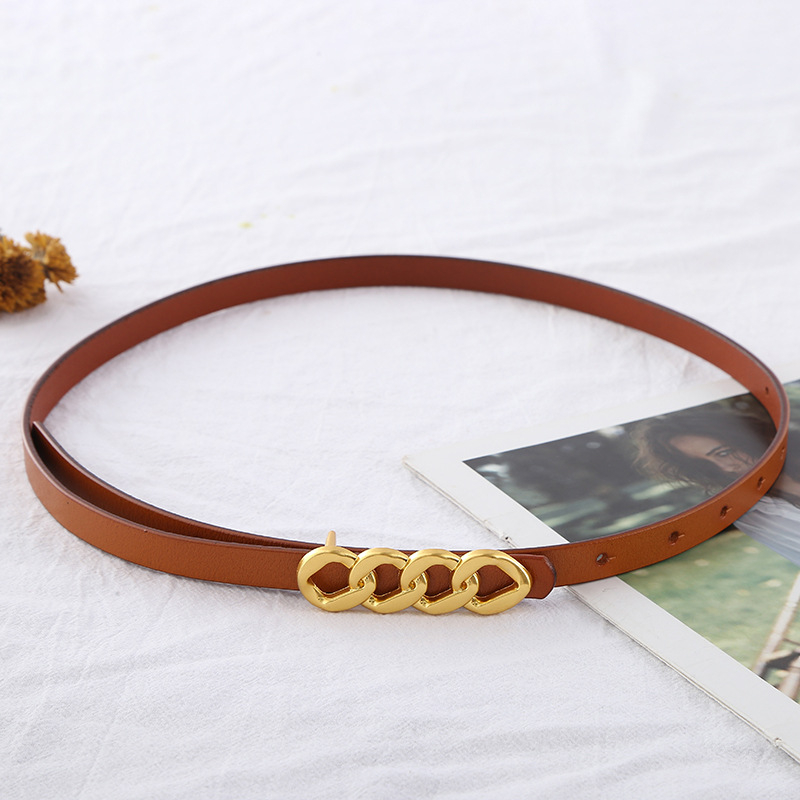 Ženski pojas s dugom zlatnom lančanom kopčom, dvostruka prirodna koža, zatvaranje na snap, univerzalni stil, radno okruženje
