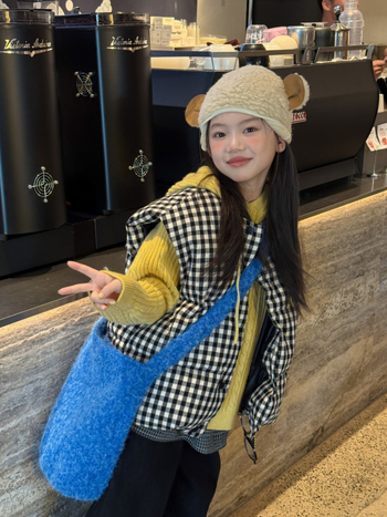 Γιλέκο με πούπουλο για κορίτσια, Κορεατικό στυλ, Καρό μοτίβο με πλέγμα, Πούπουλο λευκής πάπιας 86–90%, Εξωτερικό ύφασμα 100% βαμβάκι