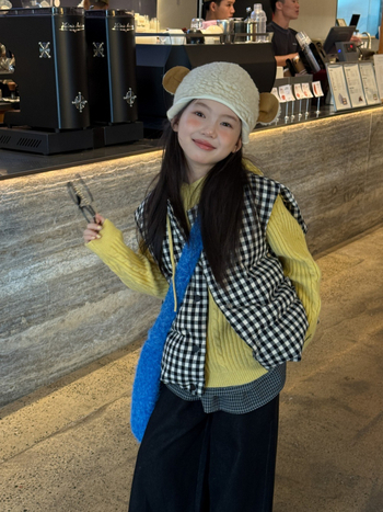 Γιλέκο με πούπουλο για κορίτσια, Κορεατικό στυλ, Καρό μοτίβο με πλέγμα, Πούπουλο λευκής πάπιας 86–90%, Εξωτερικό ύφασμα 100% βαμβάκι