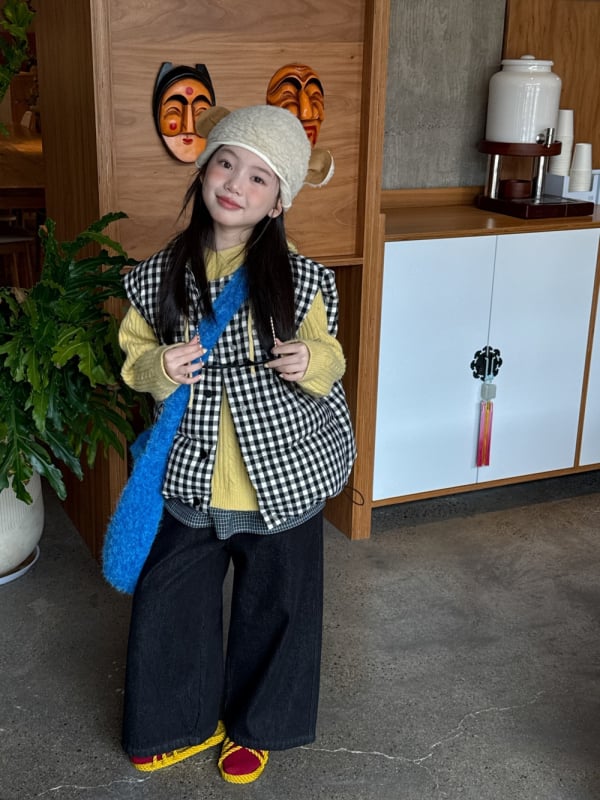 Γιλέκο με πούπουλο για κορίτσια, Κορεατικό στυλ, Καρό μοτίβο με πλέγμα, Πούπουλο λευκής πάπιας 86–90%, Εξωτερικό ύφασμα 100% βαμβάκι