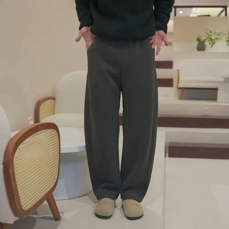 Muške duge hlače s flis podstavom, od poliestersko-pamučnog materijala, srednji pojas, slobodan kroj, korejski stil