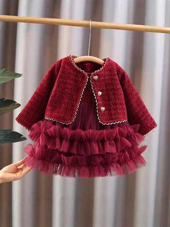 Dječji zimski set haljine za djevojčice, dva dijela, dugi rukavi, pamuk s velurom, stil Little Fragrant Wind, za uzrast 1–3 godine