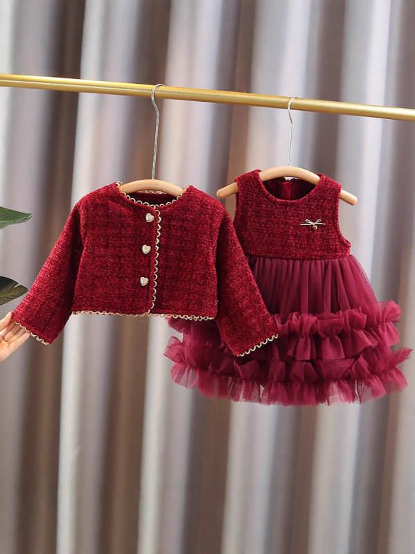 Dječji zimski set haljine za djevojčice, dva dijela, dugi rukavi, pamuk s velurom, stil Little Fragrant Wind, za uzrast 1–3 godine