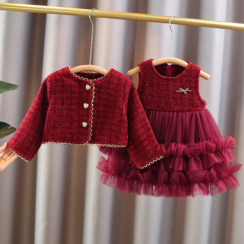 Dječji zimski set haljine za djevojčice, dva dijela, dugi rukavi, pamuk s velurom, stil Little Fragrant Wind, za uzrast 1–3 godine