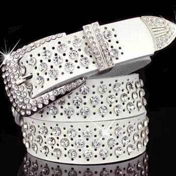 Дамски колан с кристали, корейски стил, естествена кожа, двуслойна кожа, катарама от сплав