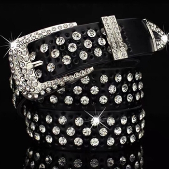 Дамски колан с кристали, корейски стил, естествена кожа, двуслойна кожа, катарама от сплав