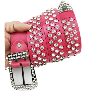 Дамски колан с кристали, корейски стил, естествена кожа, двуслойна кожа, катарама от сплав