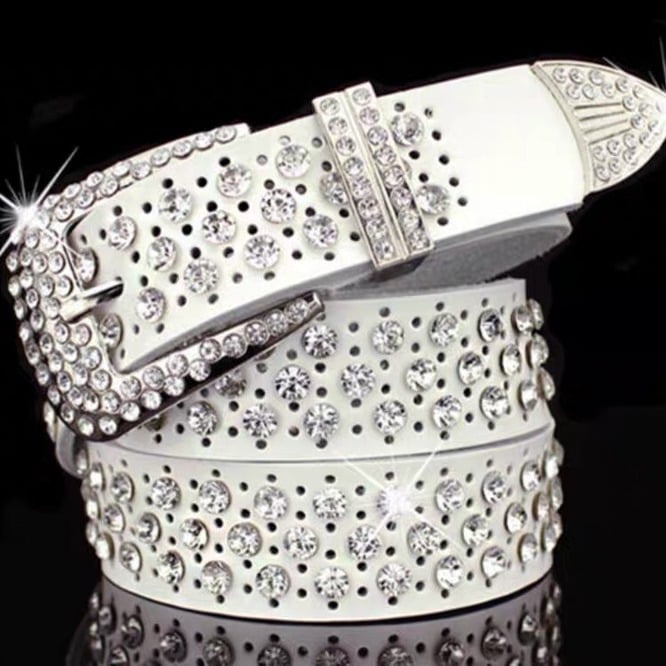 Дамски колан с кристали, корейски стил, естествена кожа, двуслойна кожа, катарама от сплав