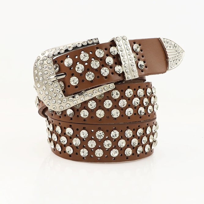 Дамски колан с кристали, корейски стил, естествена кожа, двуслойна кожа, катарама от сплав