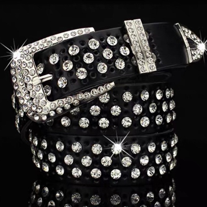 Дамски колан с кристали, корейски стил, естествена кожа, двуслойна кожа, катарама от сплав