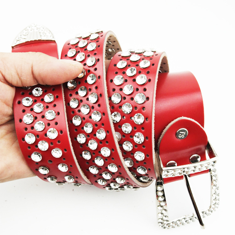 Дамски колан с кристали, корейски стил, естествена кожа, двуслойна кожа, катарама от сплав