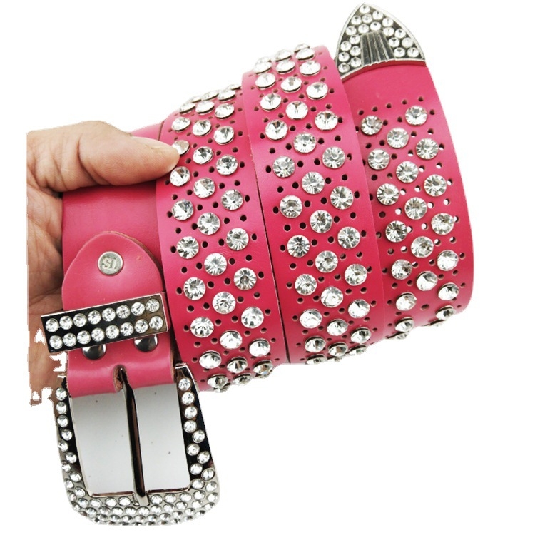 Дамски колан с кристали, корейски стил, естествена кожа, двуслойна кожа, катарама от сплав