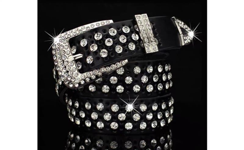 Дамски колан с кристали, корейски стил, естествена кожа, двуслойна кожа, катарама от сплав