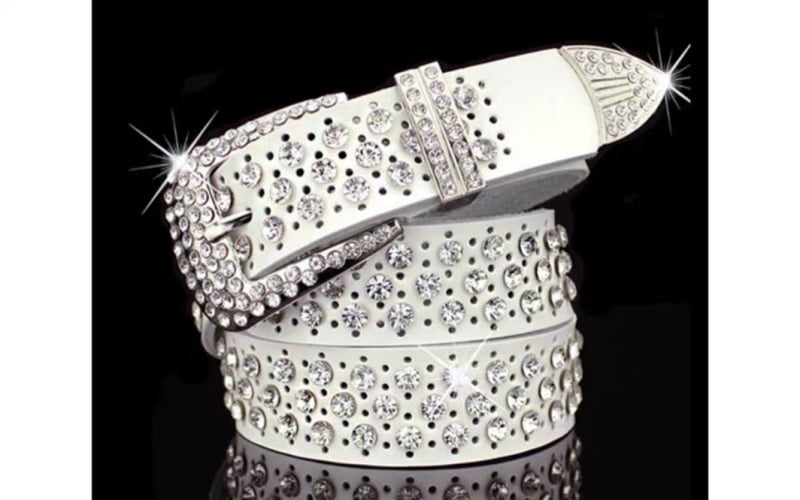 Дамски колан с кристали, корейски стил, естествена кожа, двуслойна кожа, катарама от сплав