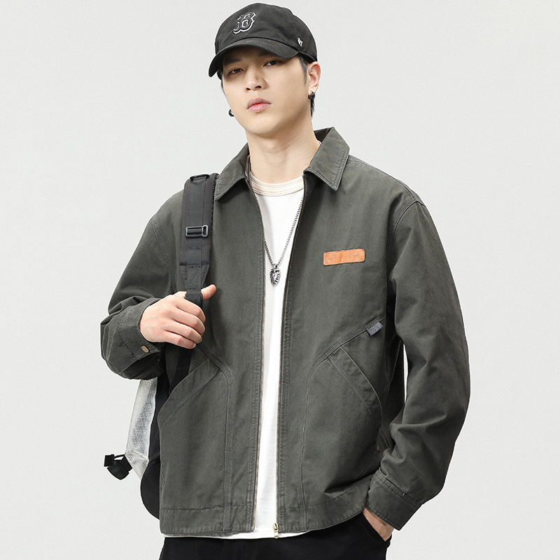 Muška retro radna jakna – vanjski 100% pamuk, zatvarač, rever ovratnik, slobodan kroj, dugi rukavi, podstava poliester