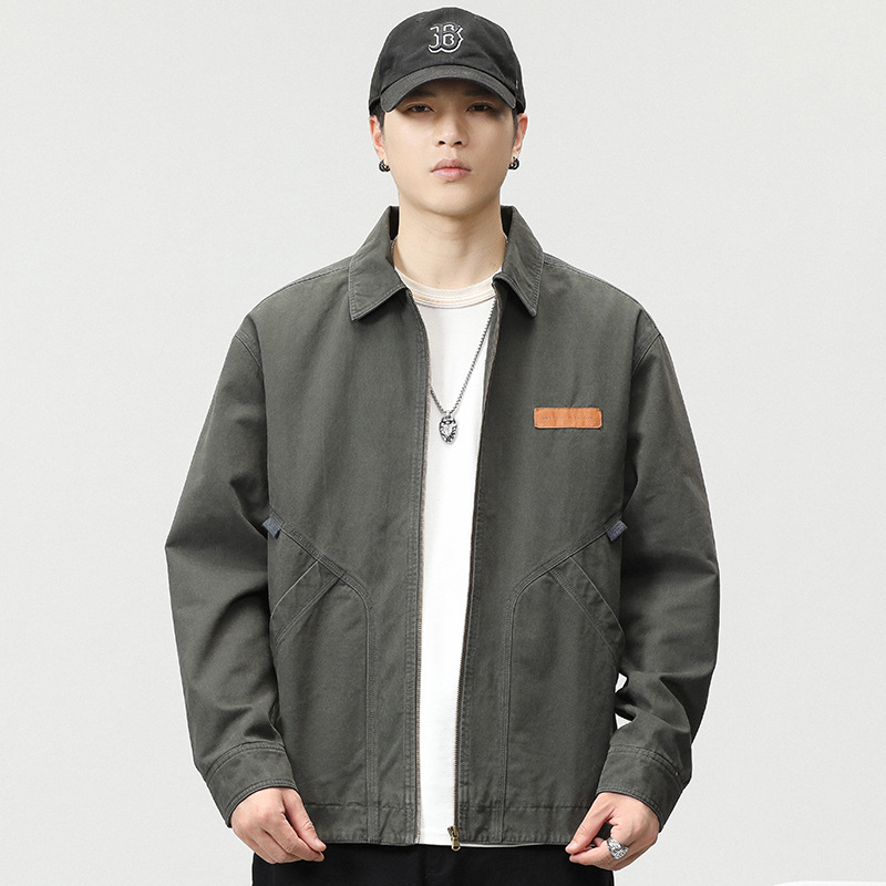 Muška retro radna jakna – vanjski 100% pamuk, zatvarač, rever ovratnik, slobodan kroj, dugi rukavi, podstava poliester