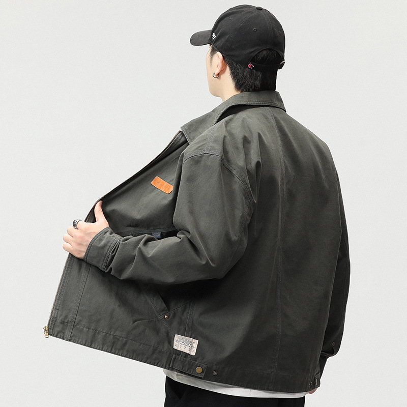 Muška retro radna jakna – vanjski 100% pamuk, zatvarač, rever ovratnik, slobodan kroj, dugi rukavi, podstava poliester