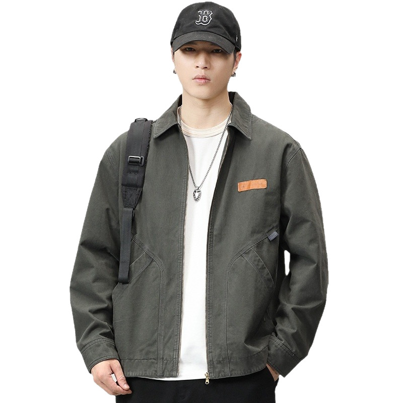 Muška retro radna jakna – vanjski 100% pamuk, zatvarač, rever ovratnik, slobodan kroj, dugi rukavi, podstava poliester