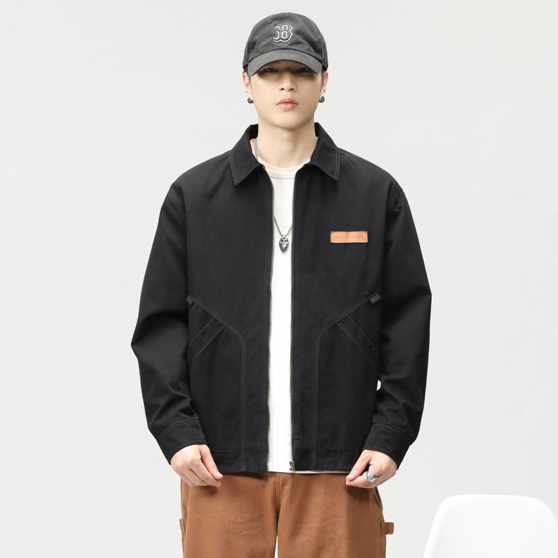 Muška retro radna jakna – vanjski 100% pamuk, zatvarač, rever ovratnik, slobodan kroj, dugi rukavi, podstava poliester