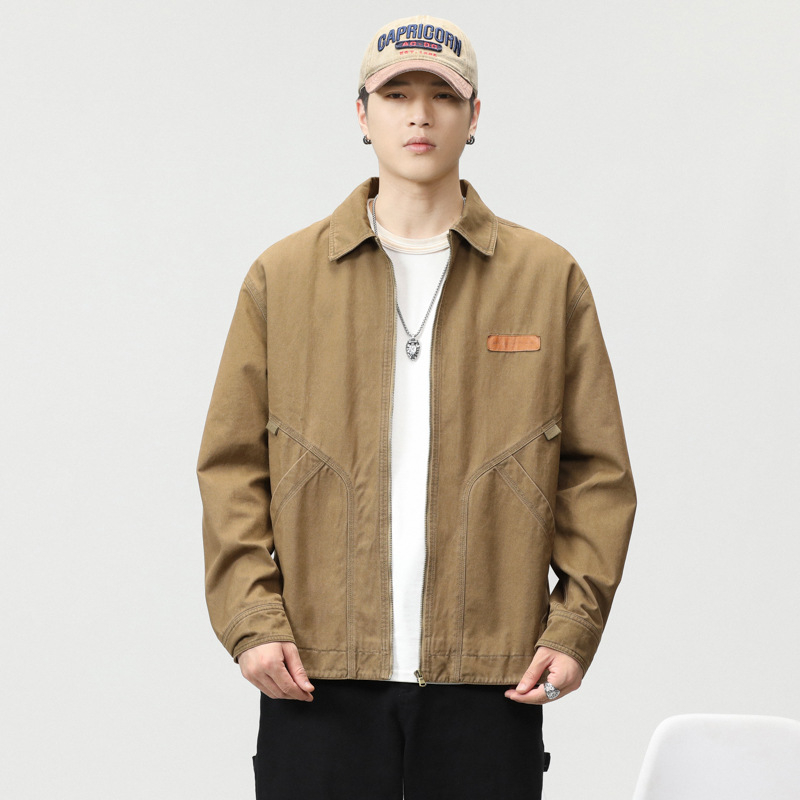Muška retro radna jakna – vanjski 100% pamuk, zatvarač, rever ovratnik, slobodan kroj, dugi rukavi, podstava poliester