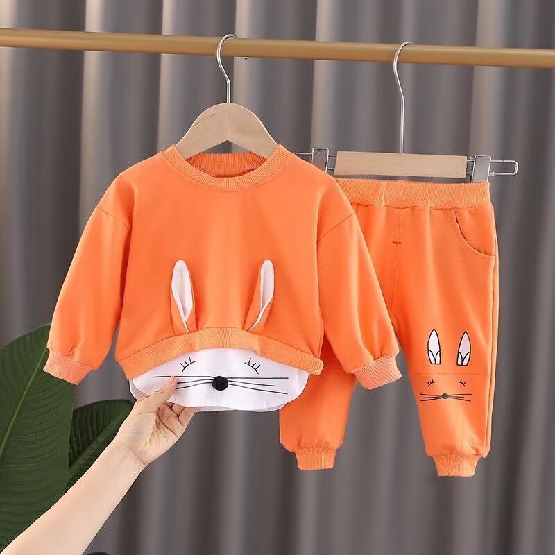 Set de două piese pentru fetițe: rochie din bumbac cu căptușeală din fleece, mâneci lungi, model iepuraș, toamnă-iarnă