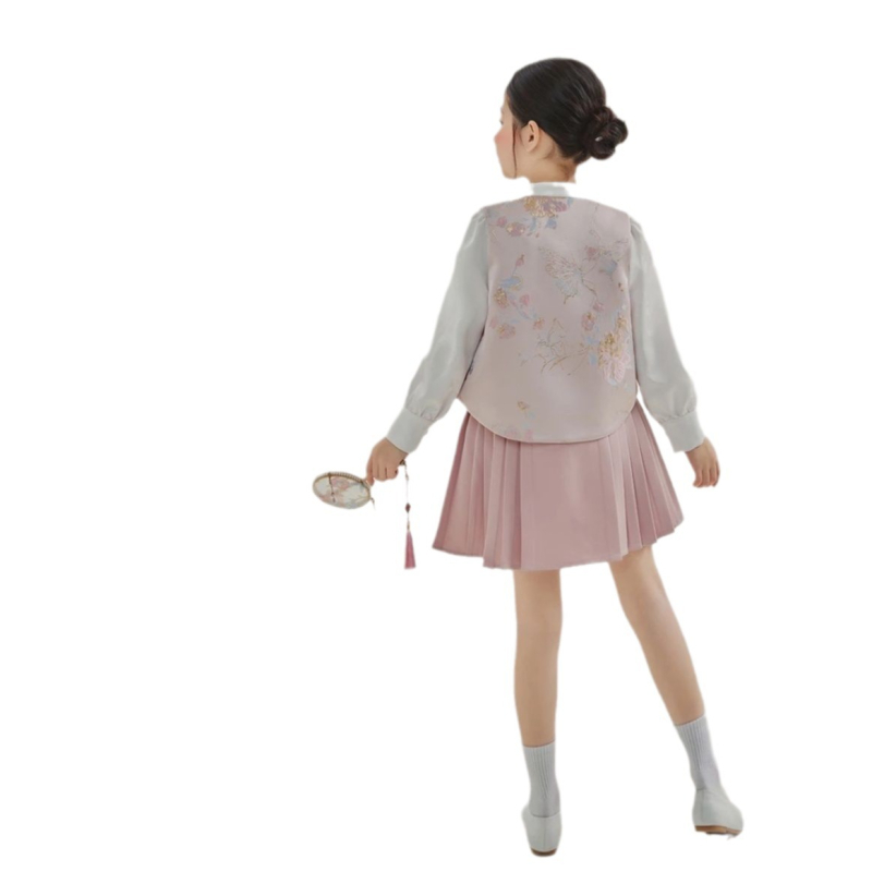 Djevojčice trodijelni satenski kostim u nacionalnom stilu s izvezanom košulom, vestom i suknjom, za proljeće i jesen