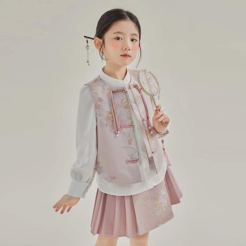 Djevojčice trodijelni satenski kostim u nacionalnom stilu s izvezanom košulom, vestom i suknjom, za proljeće i jesen