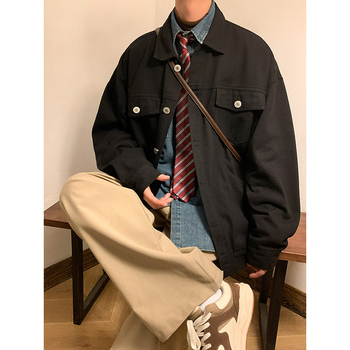 Muška denim jakna od pamuka, Hongkong stil, ležeran kroj, stojeći ovratnik, raglan rukavi, četiri godišnja doba, više džepova
