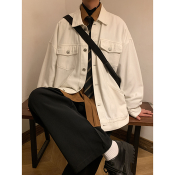 Muška denim jakna od pamuka, Hongkong stil, ležeran kroj, stojeći ovratnik, raglan rukavi, četiri godišnja doba, više džepova