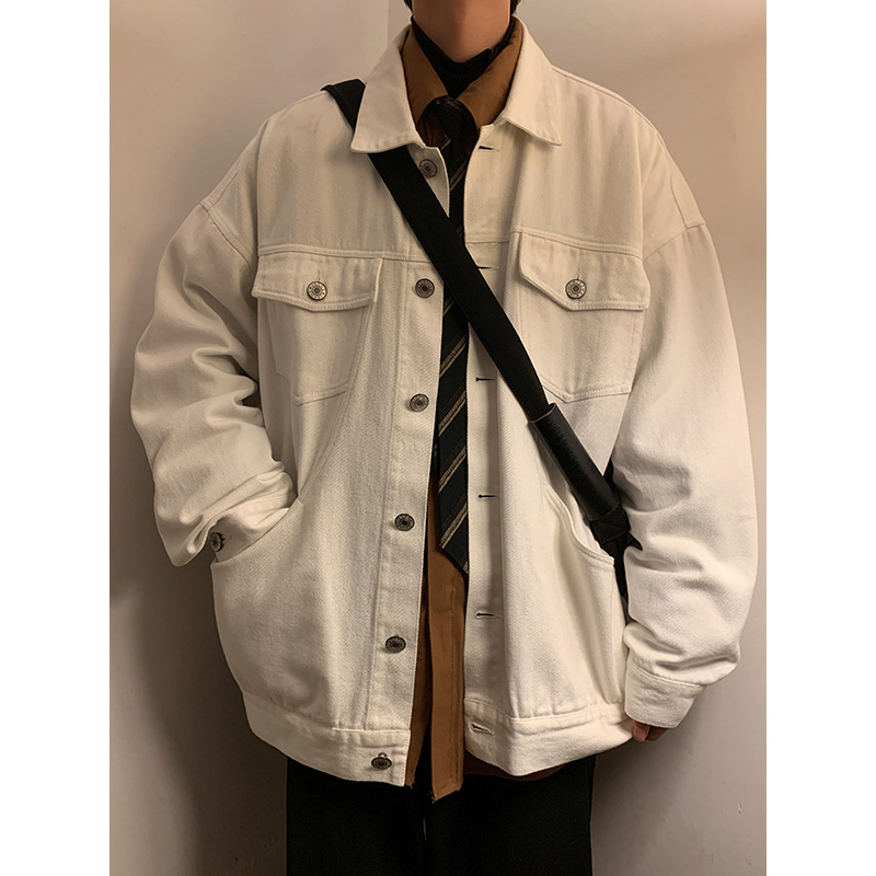 Muška denim jakna od pamuka, Hongkong stil, ležeran kroj, stojeći ovratnik, raglan rukavi, četiri godišnja doba, više džepova