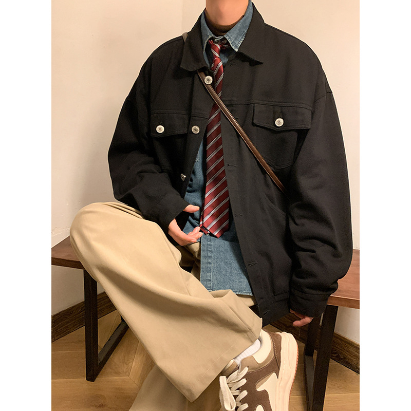 Muška denim jakna od pamuka, Hongkong stil, ležeran kroj, stojeći ovratnik, raglan rukavi, četiri godišnja doba, više džepova