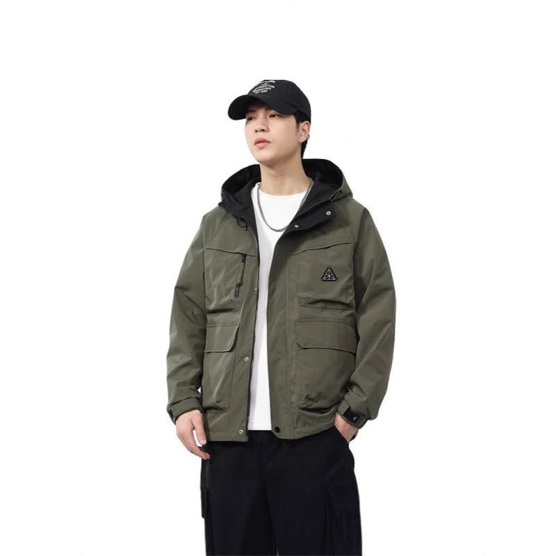 Muška dvostruko obostrana jakna s kapuljačom, vodootporna, na zip, s više džepova