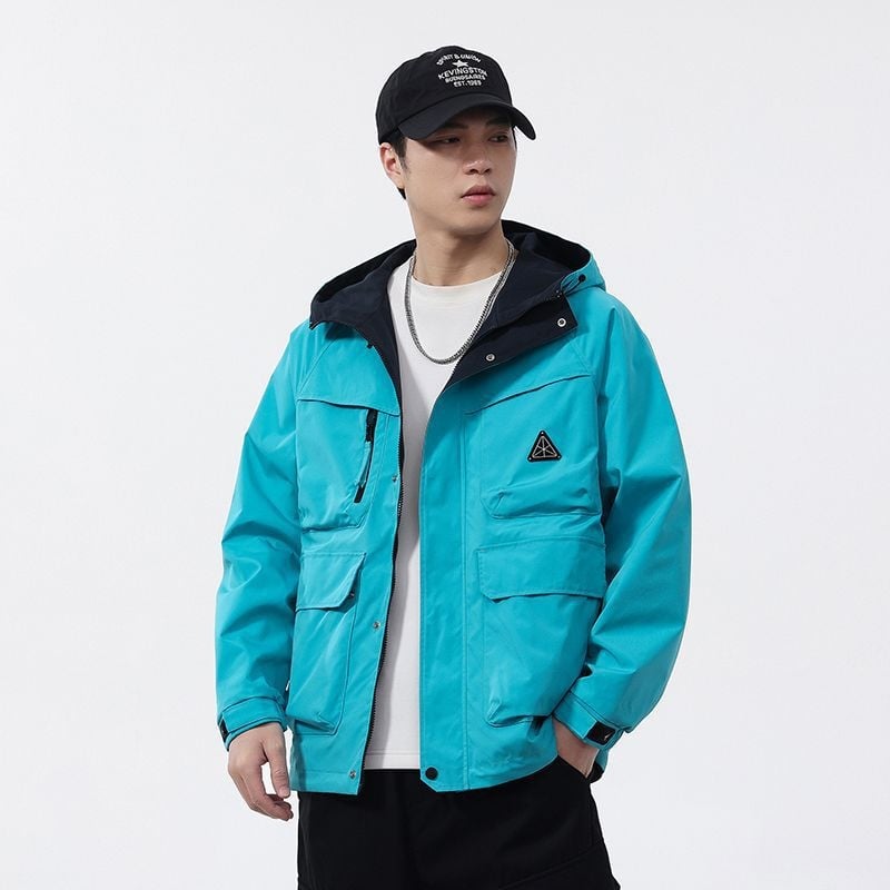 Muška dvostruko obostrana jakna s kapuljačom, vodootporna, na zip, s više džepova